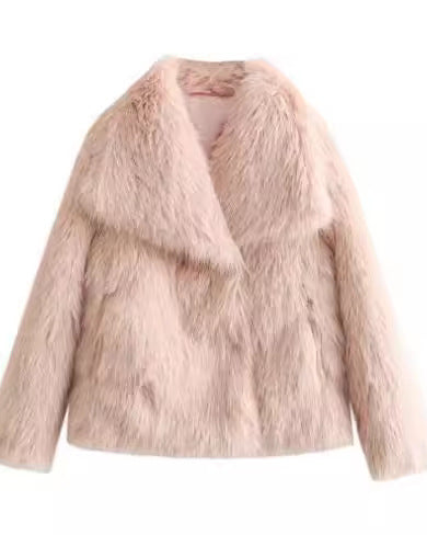 Woman in cropped fluffy faux fur jacket