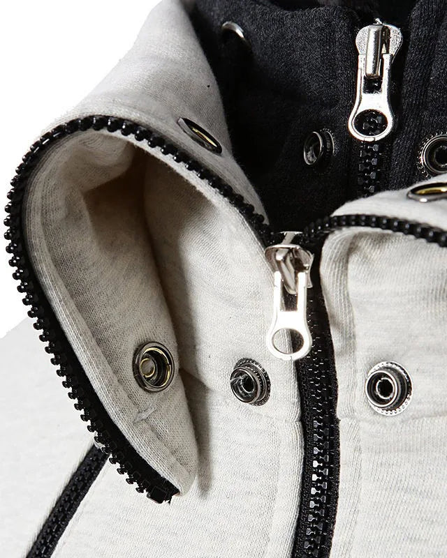 Man wearing slim gray zip hoodie jacket