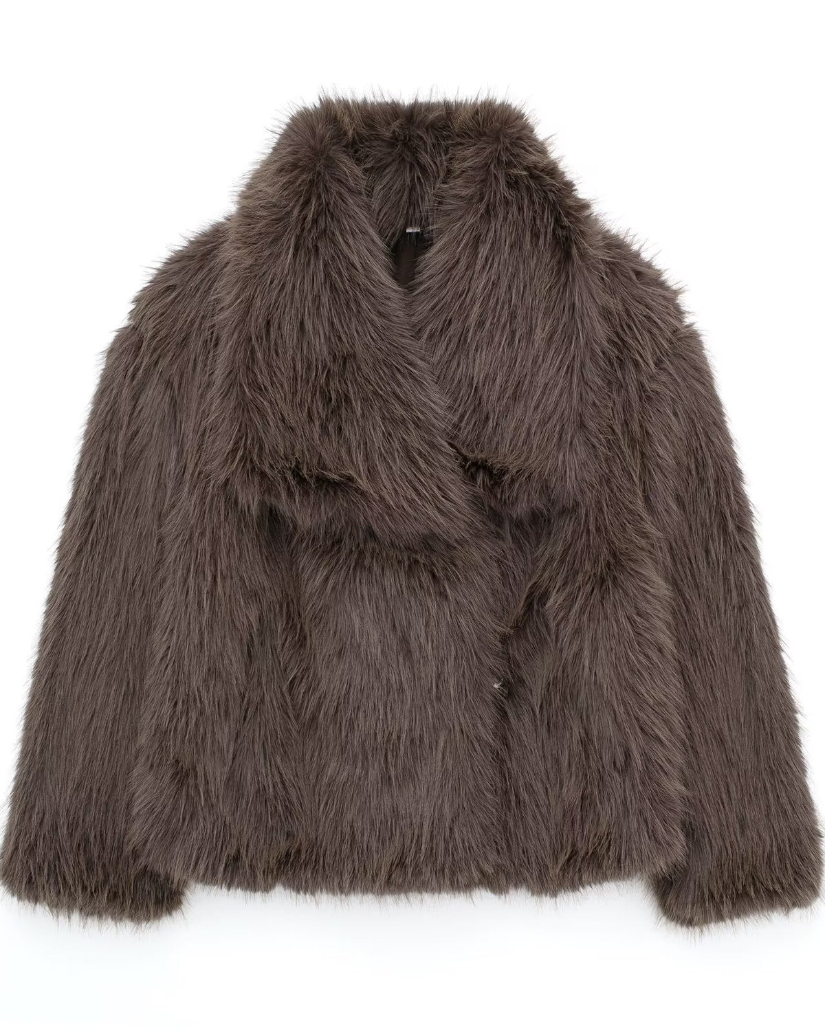 Woman in cropped fluffy faux fur jacket