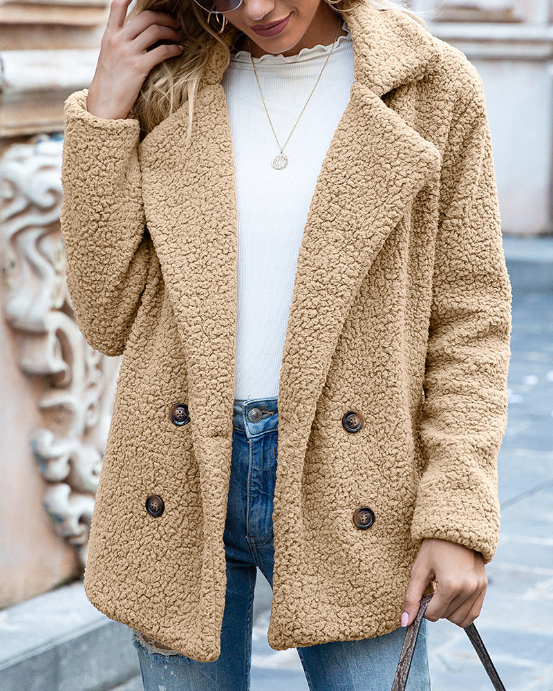 Woman in double-breasted teddy fleece coat