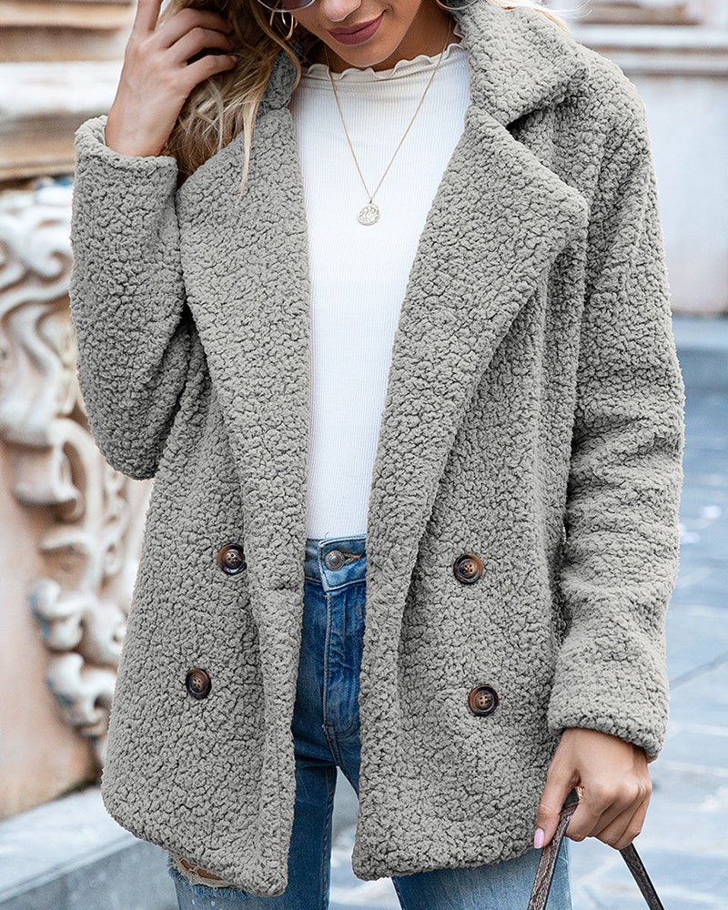 Woman in double-breasted teddy fleece coat