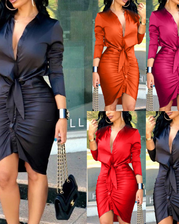 Woman wearing satin midi shirt dress