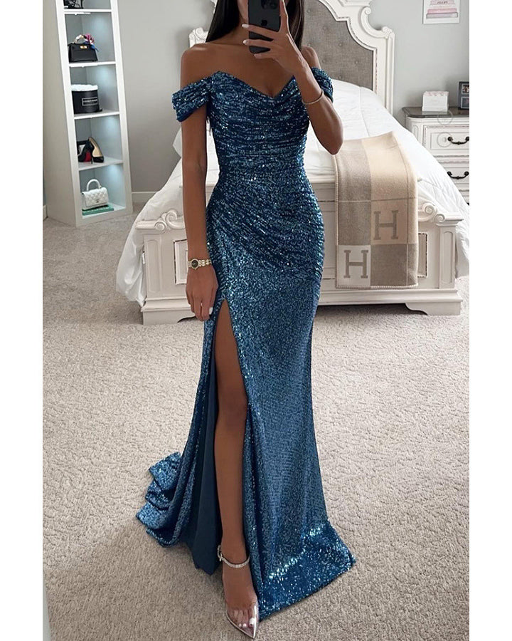 Woman in long off-shoulder sequin evening dress