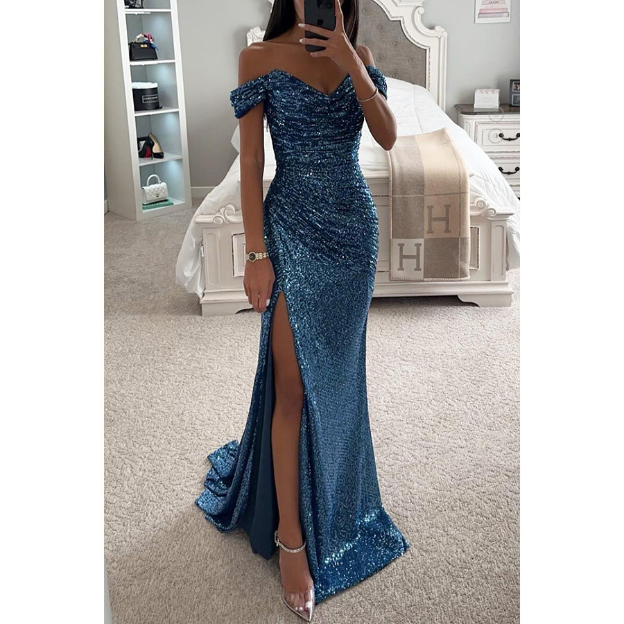 Woman in long off-shoulder sequin evening dress