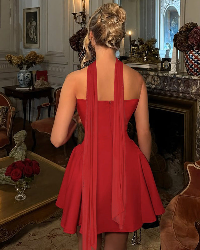Woman in a strapless flared mini dress