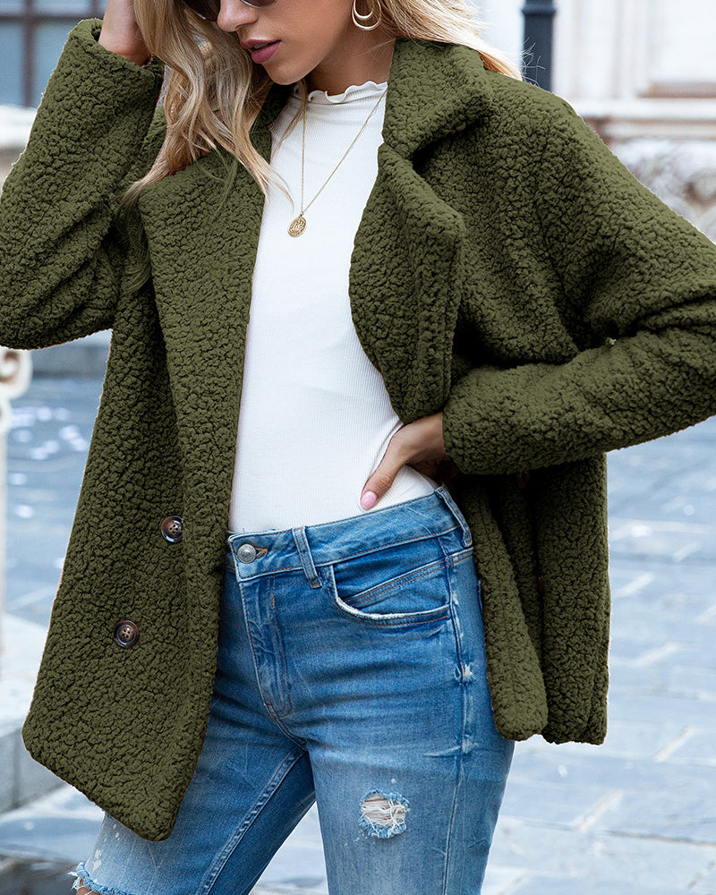 Woman in double-breasted teddy fleece coat
