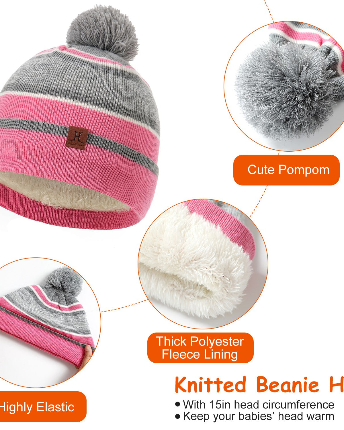 Striped kids beanie with pompom, neck warmer and gloves