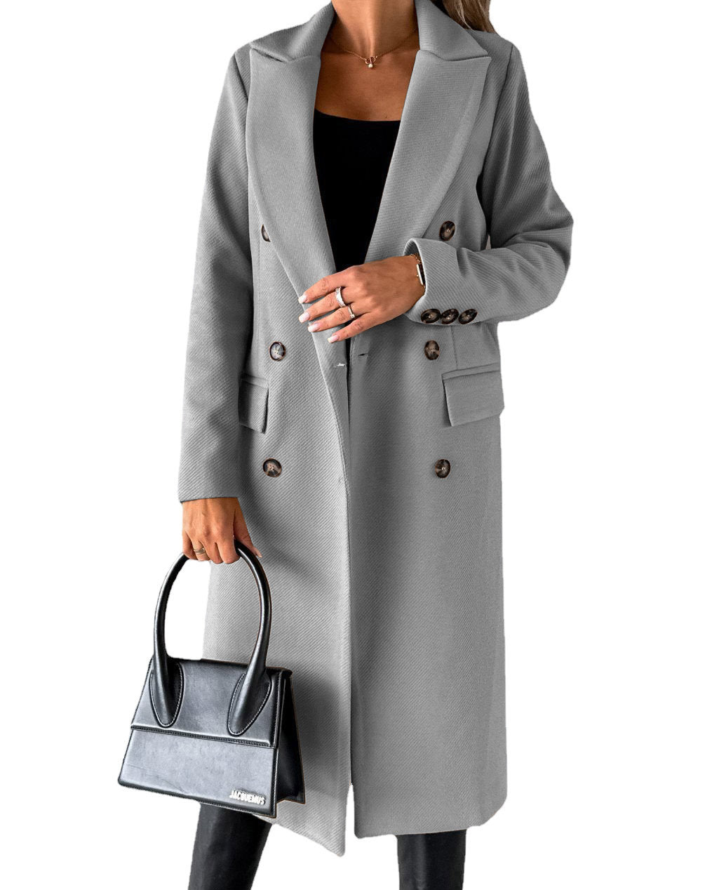 Woman in long double-breasted coat