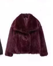 Woman in cropped fluffy faux fur jacket