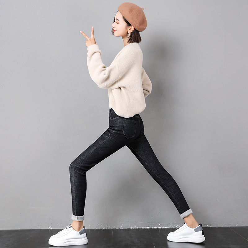 Woman wearing fleece-lined skinny jeans