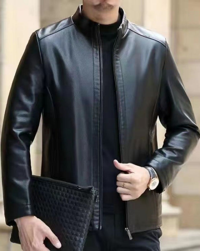 Men's faux leather jacket with stand collar