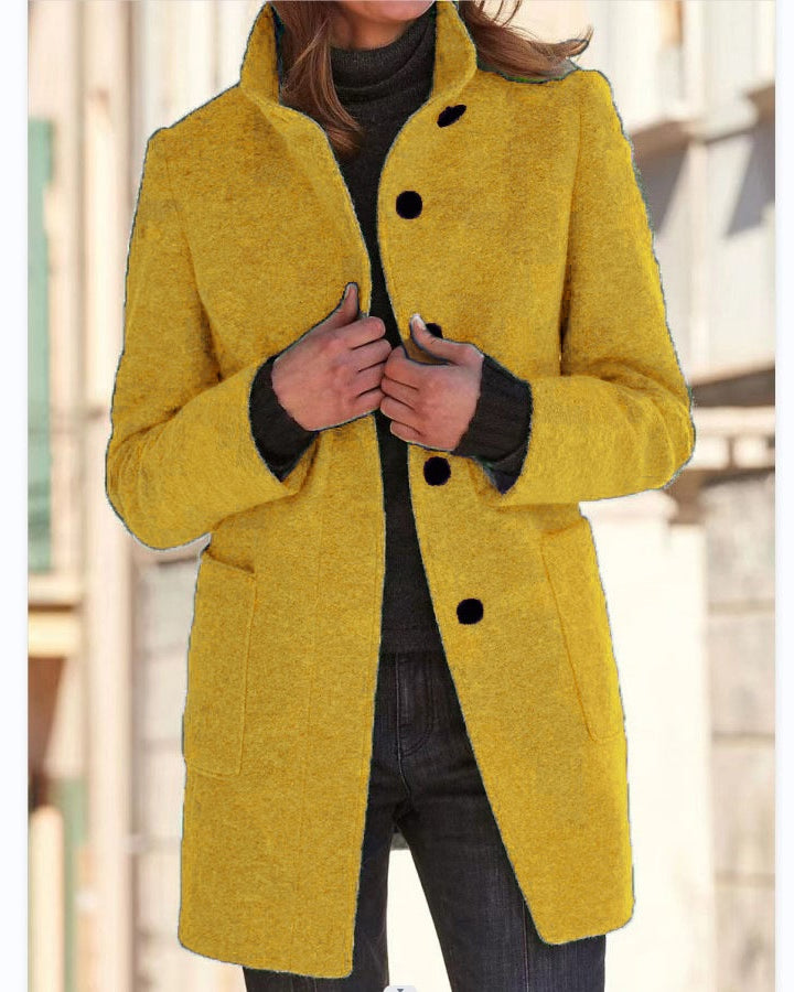 Woman in stand collar button coat