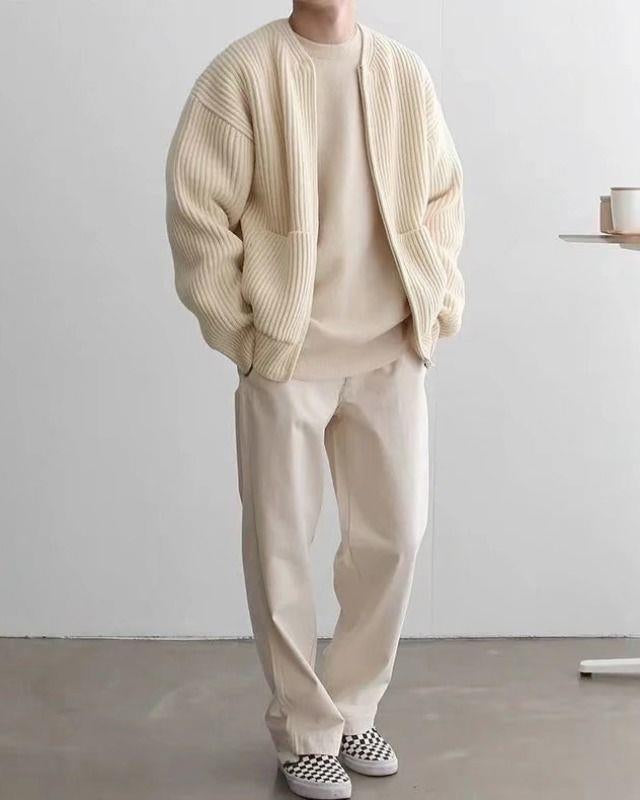 Men's chunky knit zip cardigan with pockets