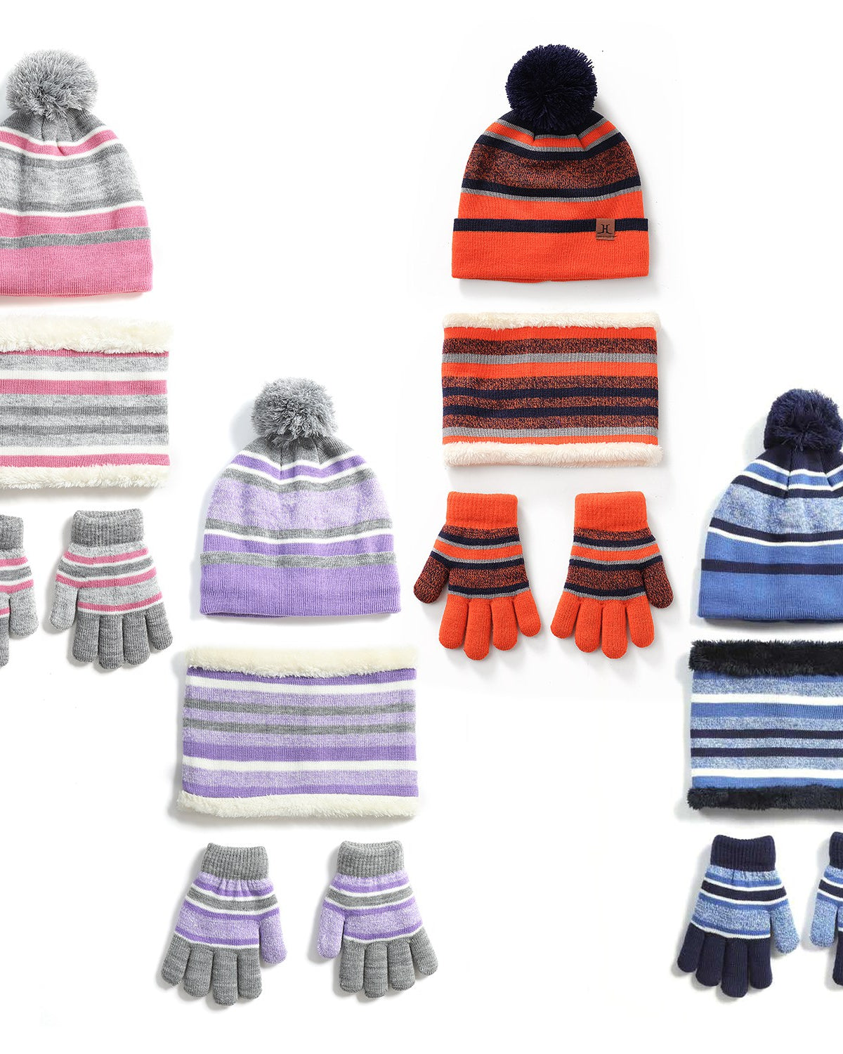 Striped kids beanie with pompom, neck warmer and gloves
