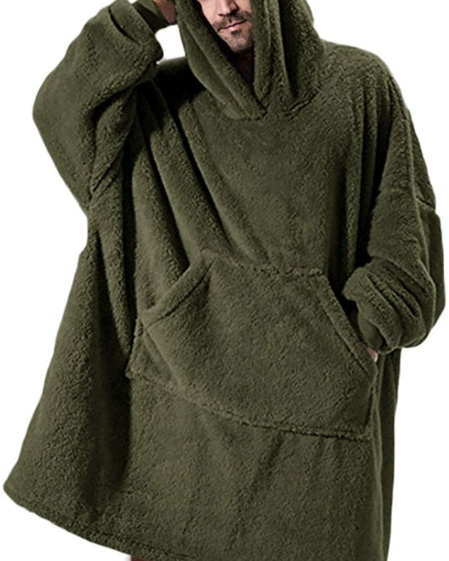 Person wearing oversized plush blanket hoodie