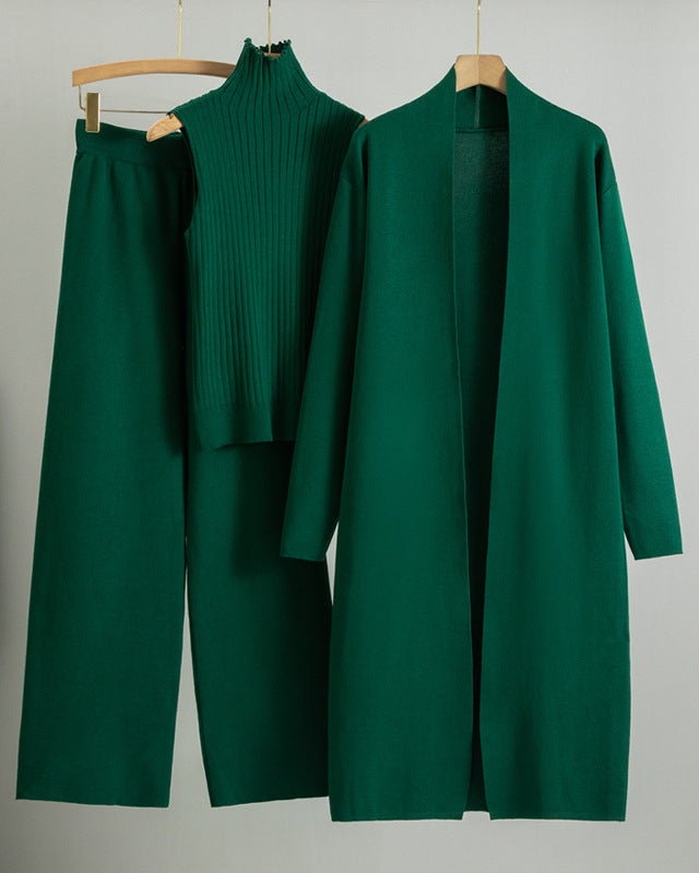 Woman in a matching three-piece knit set
