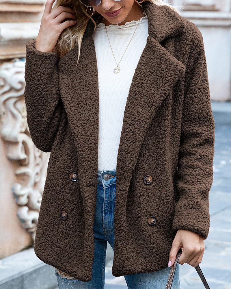 Woman in double-breasted teddy fleece coat