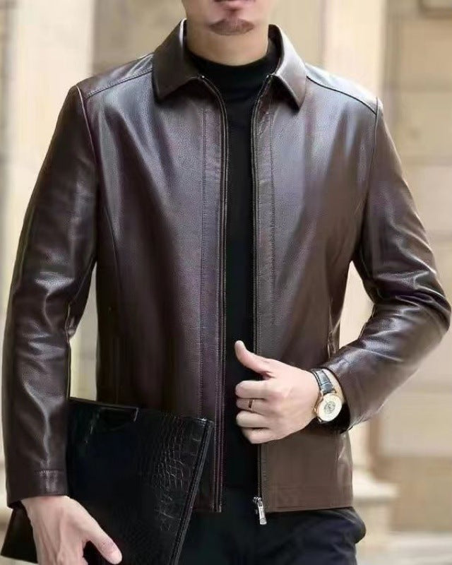 Men's faux leather jacket with stand collar