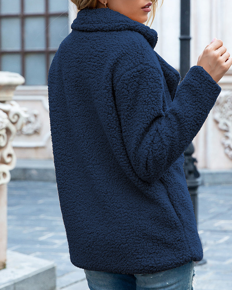 Woman in double-breasted teddy fleece coat