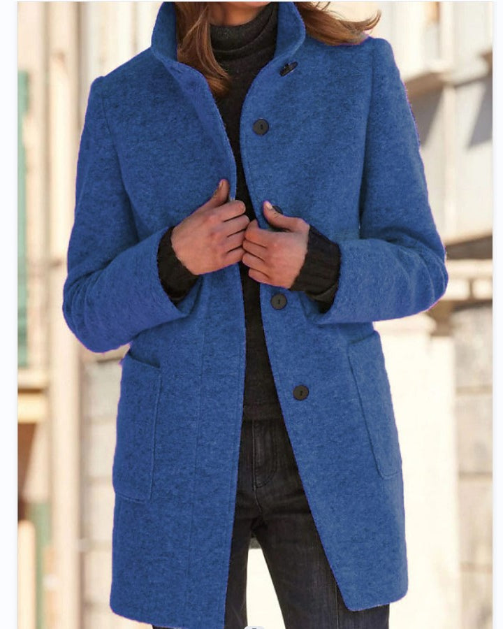 Woman in stand collar button coat