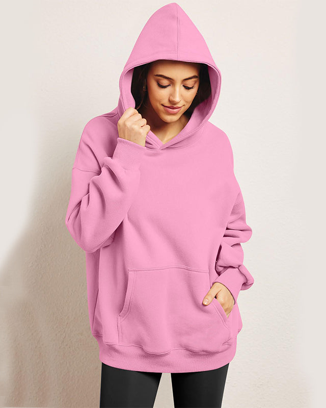 Woman wearing oversized fleece hoodie