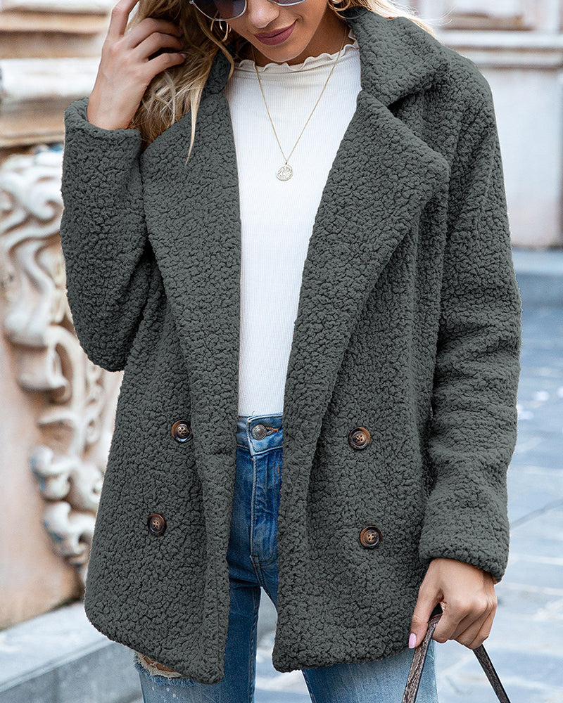 Woman in double-breasted teddy fleece coat