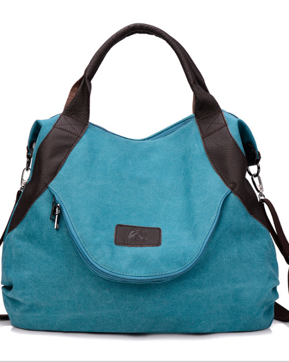 Lake blue canvas shoulder bag with contrast handles