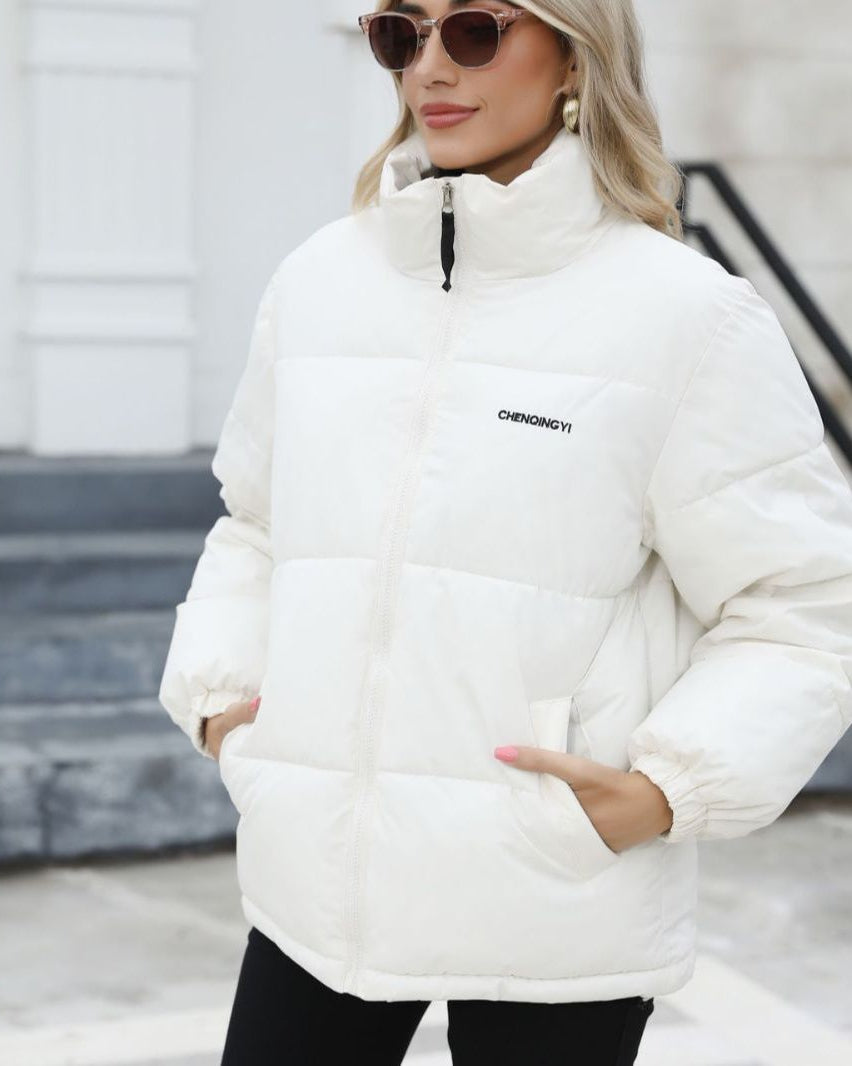 Woman wearing a padded puffer jacket