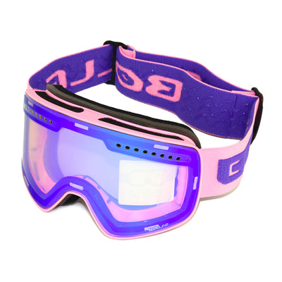 Black frameless ski goggles with blue mirror lens