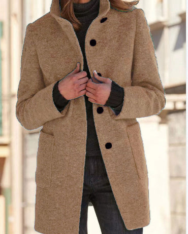 Woman in stand collar button coat