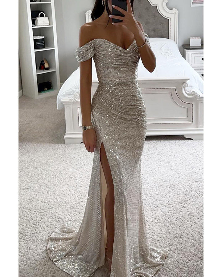 Woman in long off-shoulder sequin evening dress