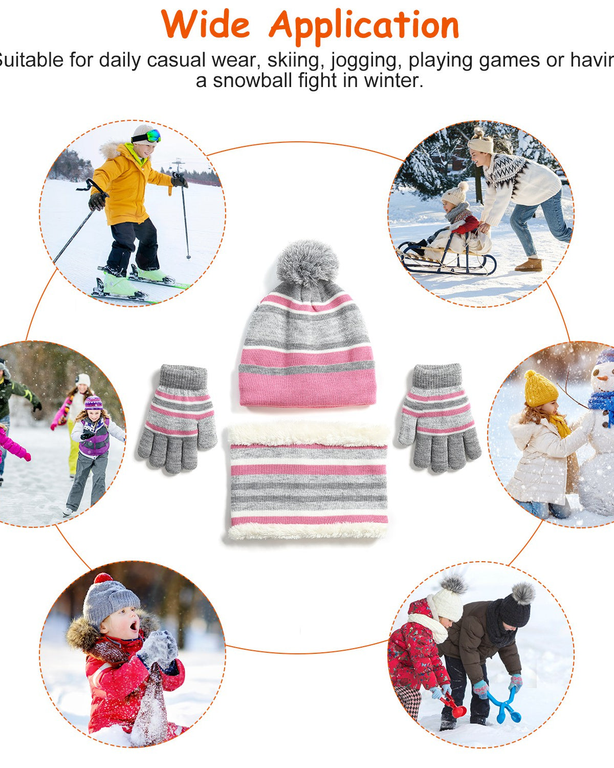 Striped kids beanie with pompom, neck warmer and gloves