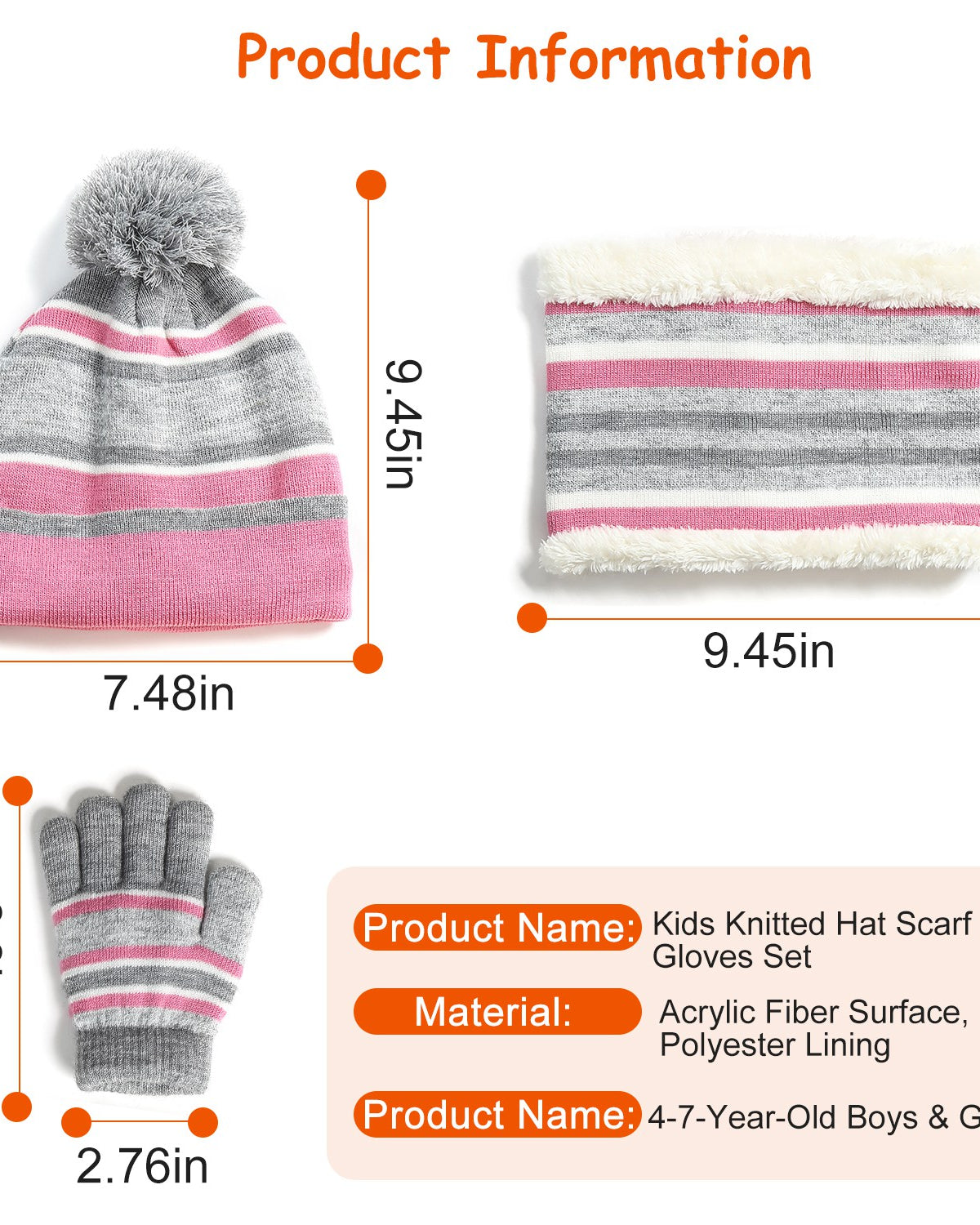 Striped kids beanie with pompom, neck warmer and gloves