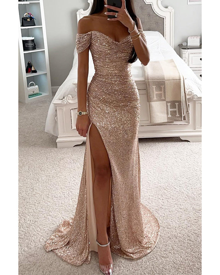 Woman in long off-shoulder sequin evening dress