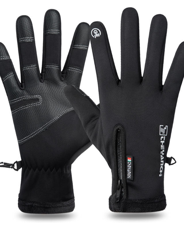 Black waterproof winter gloves with zip pocket