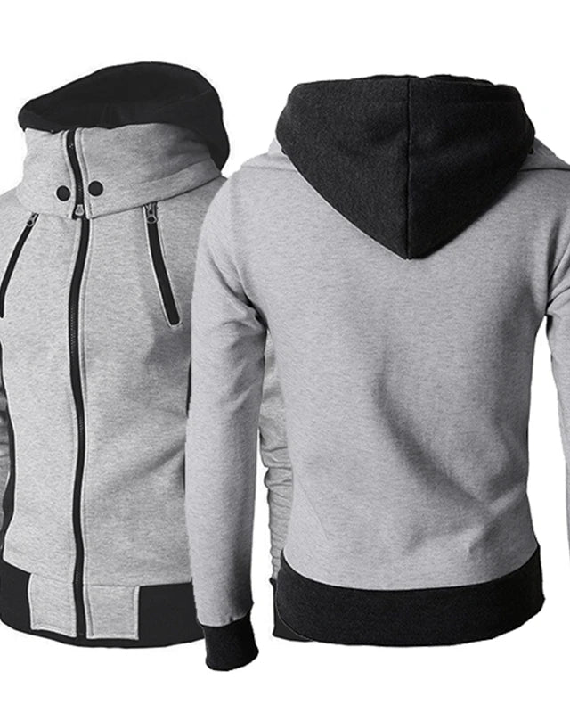 Man wearing slim gray zip hoodie jacket