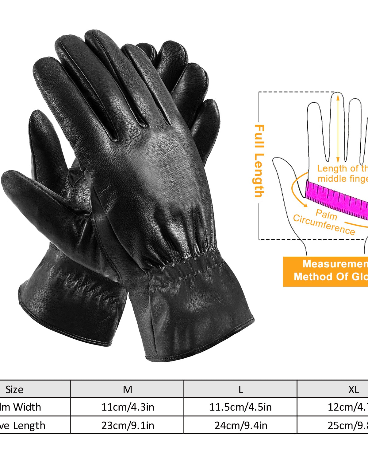 Black leather winter gloves with soft lining