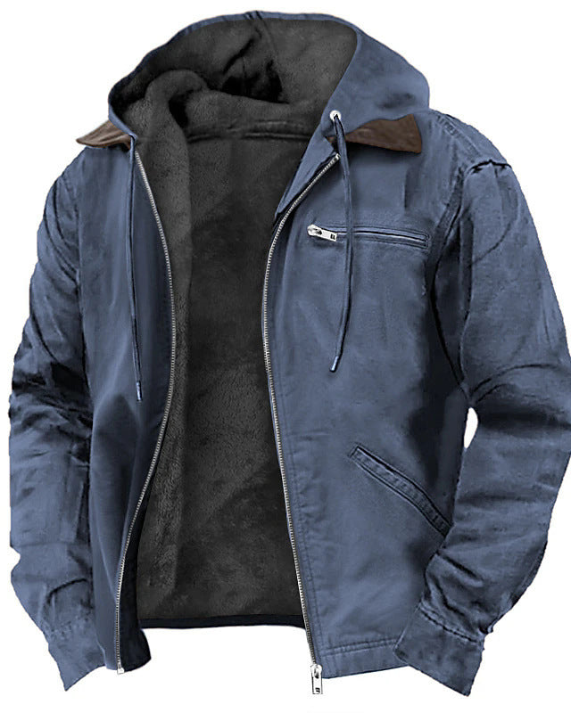 Man wearing a fleece-lined hooded zip jacket