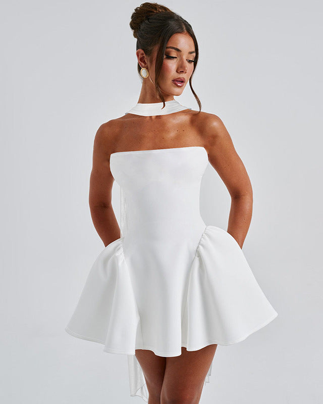 Woman in a strapless flared mini dress