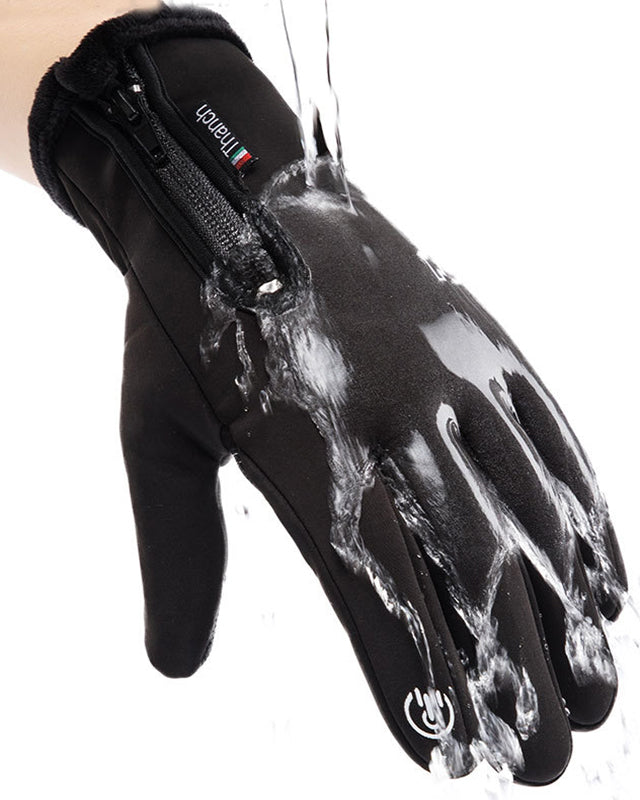 Black waterproof winter gloves with zip pocket