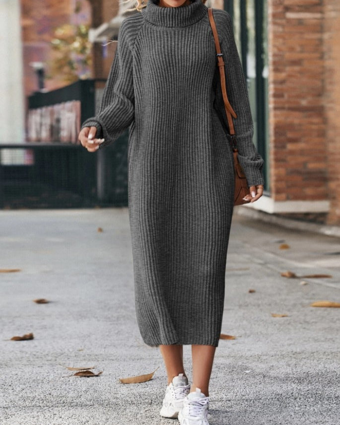 Woman in a long turtleneck sweater dress