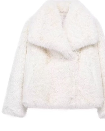Woman in cropped fluffy faux fur jacket
