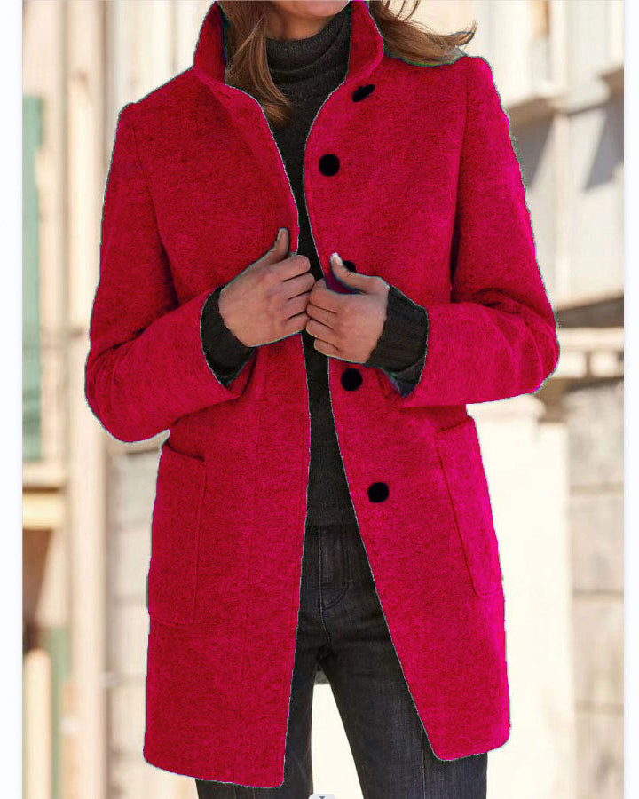 Woman in stand collar button coat