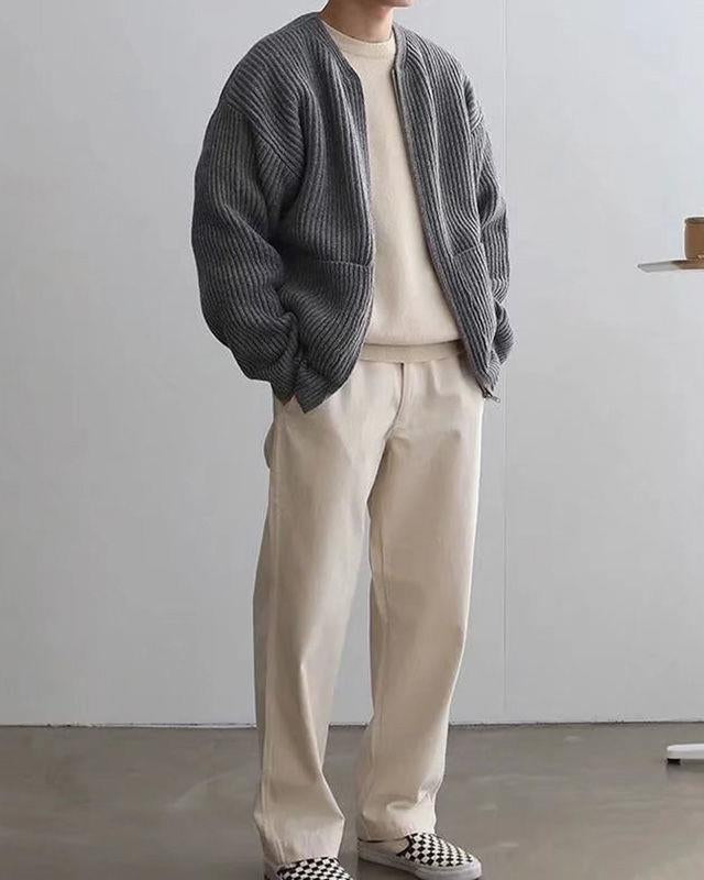 Men's chunky knit zip cardigan with pockets