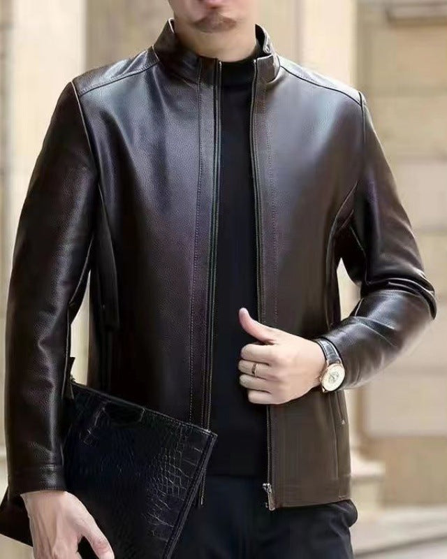 Men's faux leather jacket with stand collar