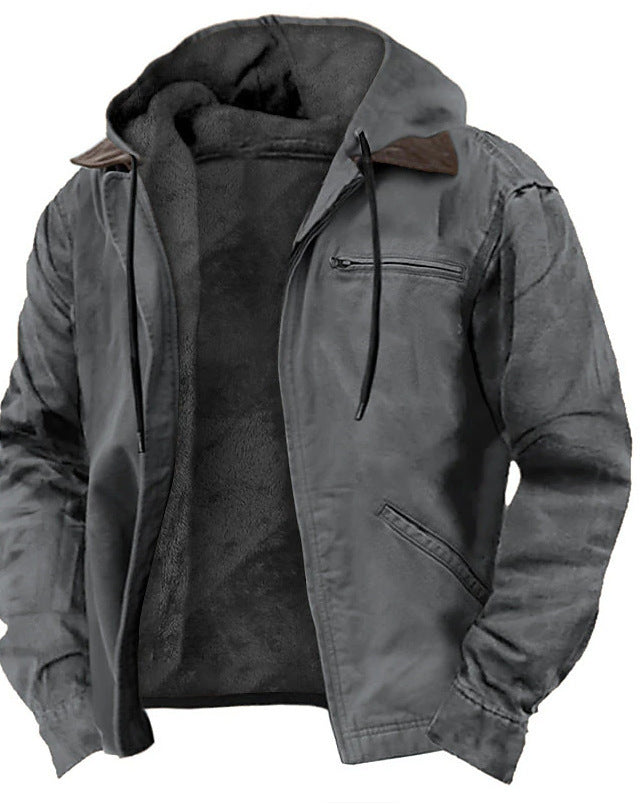 Man wearing a fleece-lined hooded zip jacket