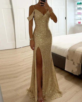 Woman in long off-shoulder sequin evening dress