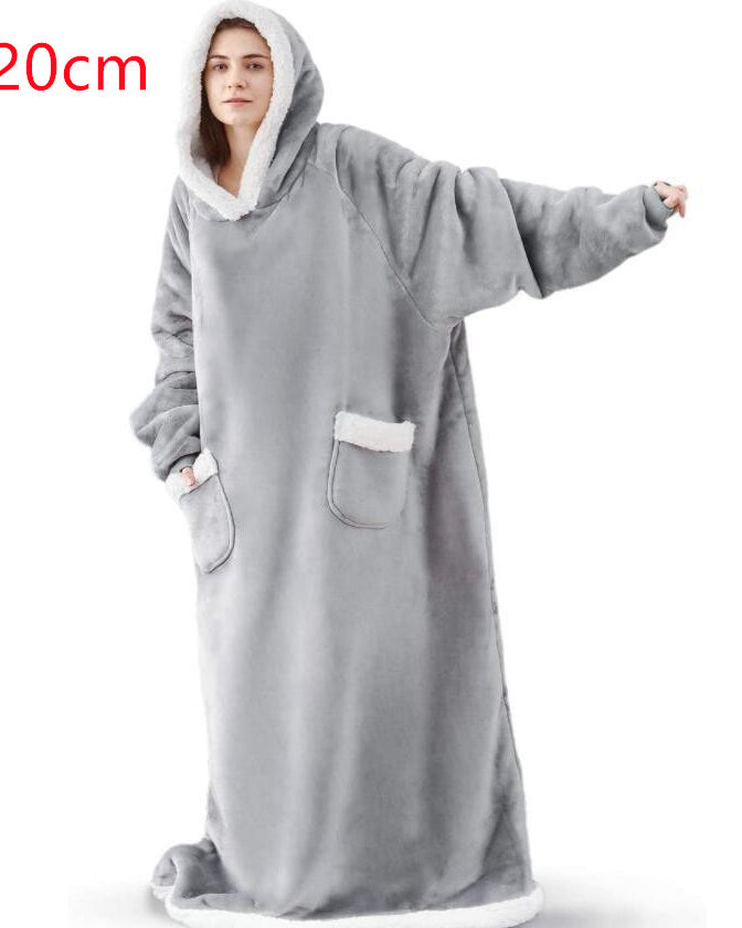 Oversized sherpa hoodie blanket on the couch
