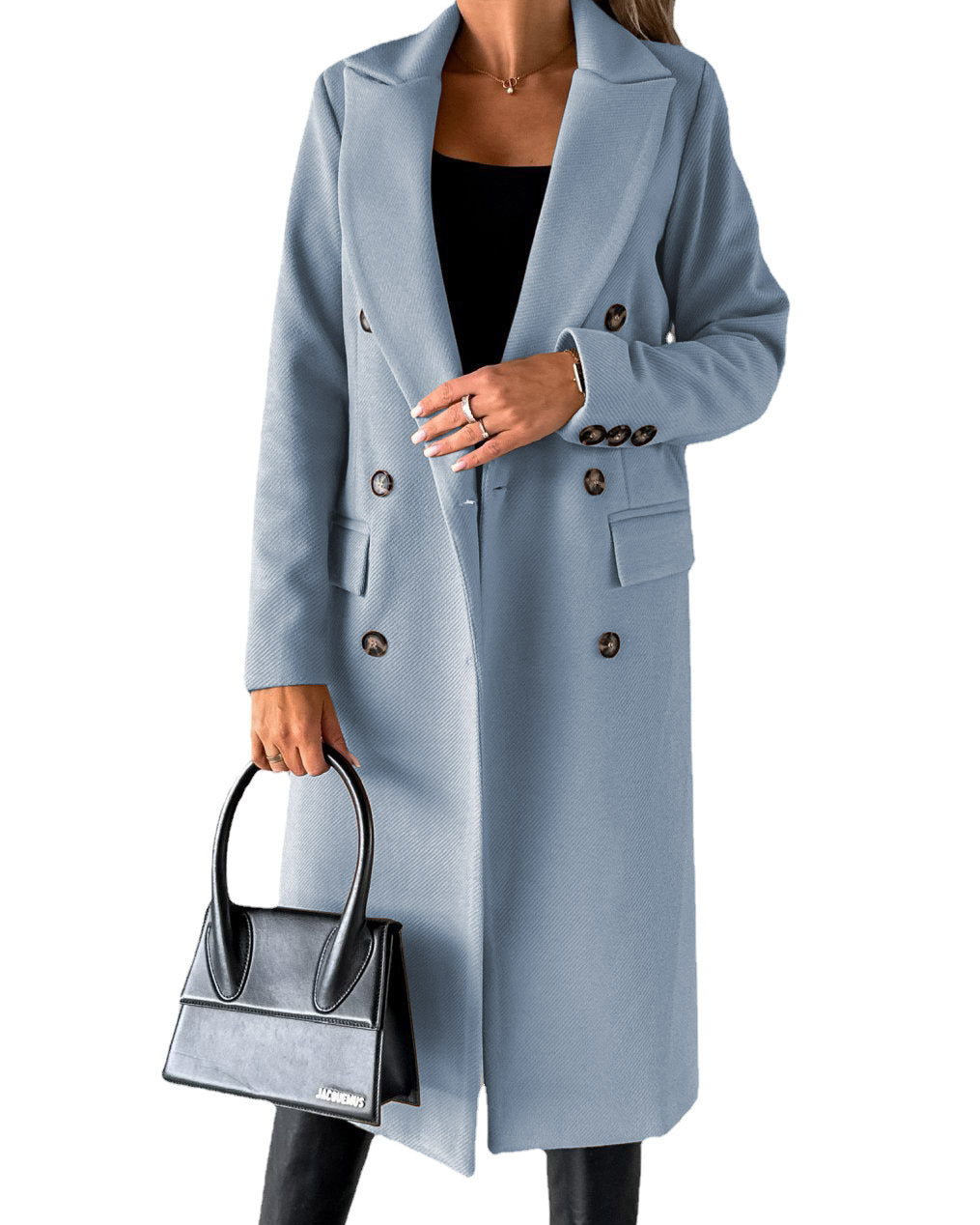 Woman in long double-breasted coat