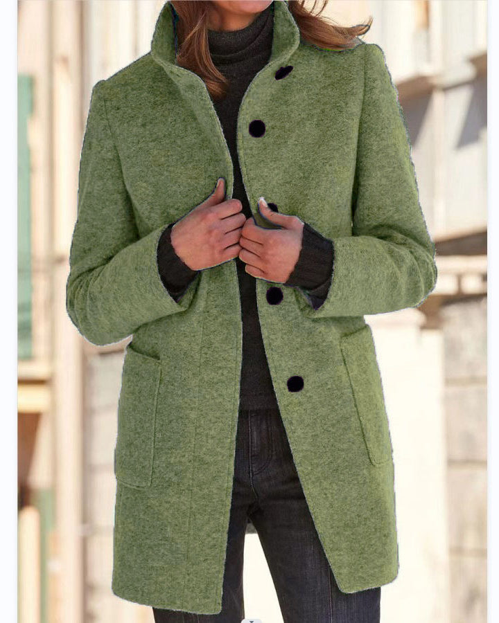 Woman in stand collar button coat